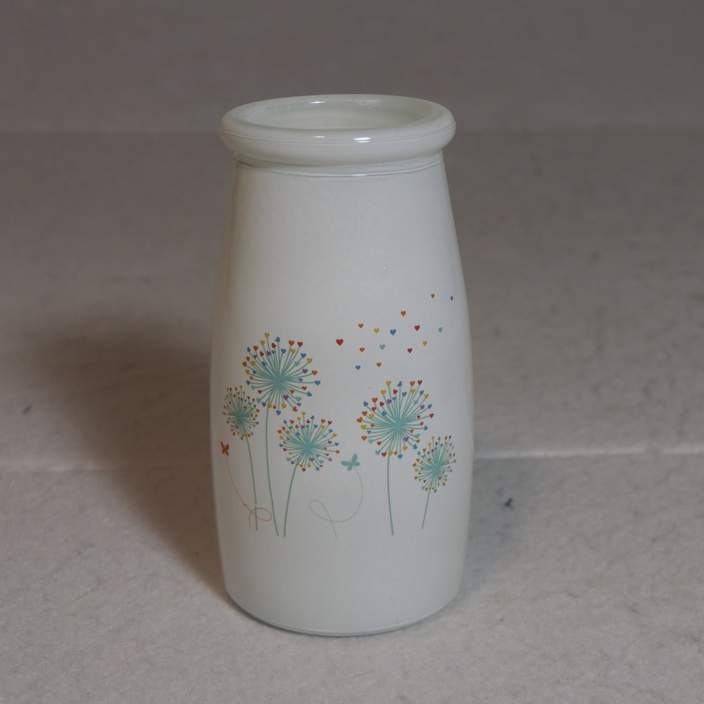 GOGO Milk Bottle Bud Vase 5.5" White Dandelion Heart Whimsical Cottagecore Farm